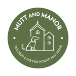 Mutt and Manor circle badge logo – in-home pet sitting in Cheshire with the tagline Tailored Care for Hound and Home.