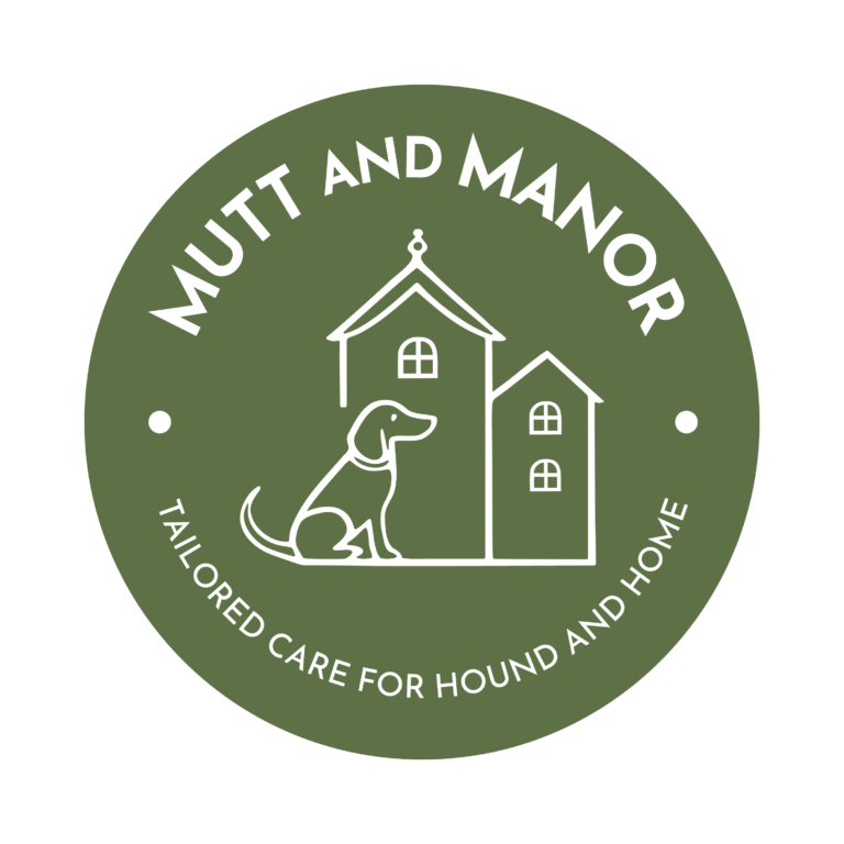 Mutt and Manor circle badge logo – in-home pet sitting in Cheshire with the tagline Tailored Care for Hound and Home.