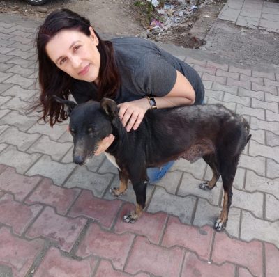 About your trusted pet sitter: The founder of Mutt and Manor with a street dog in India on the roadside